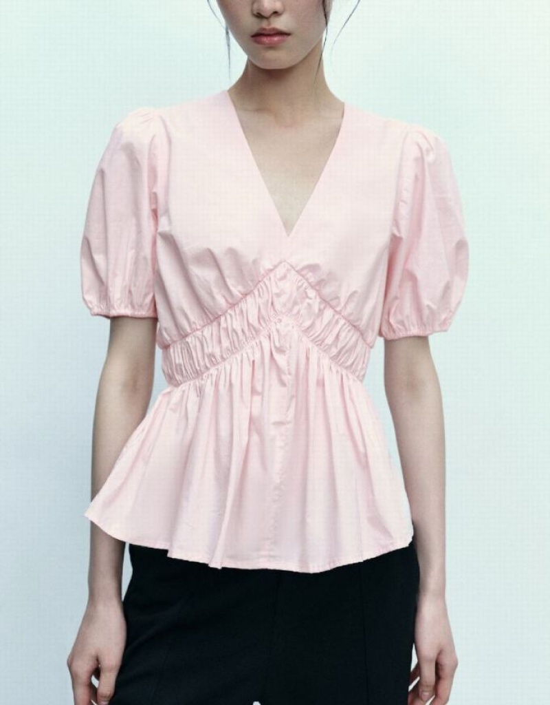 Pink Urban Revivo Puff Sleeve V-Neck Overhead Women's Blouse | CYFDHM-895