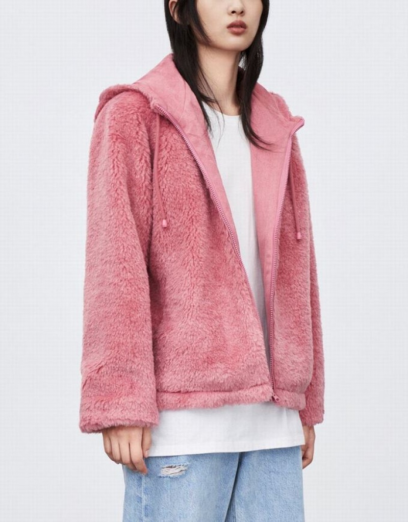 Pink Urban Revivo Raglan Sleeve Zipper Front Furry Women's Jacket | CUHQBE-054