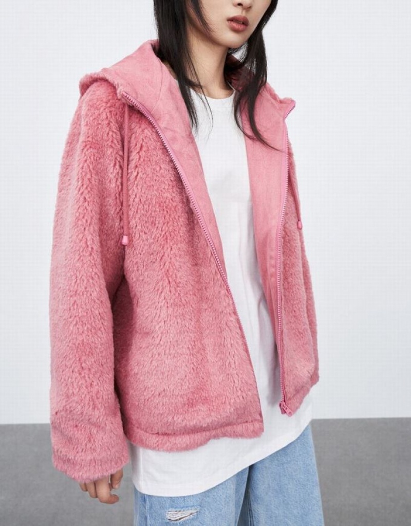 Pink Urban Revivo Raglan Sleeve Zipper Front Furry Women's Jacket | CUHQBE-054