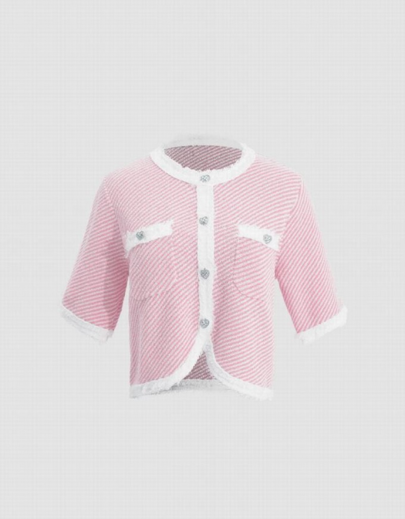 Pink Urban Revivo Raw Hem Crew Neck Knitted Women's Cardigan | AHKEPS-847