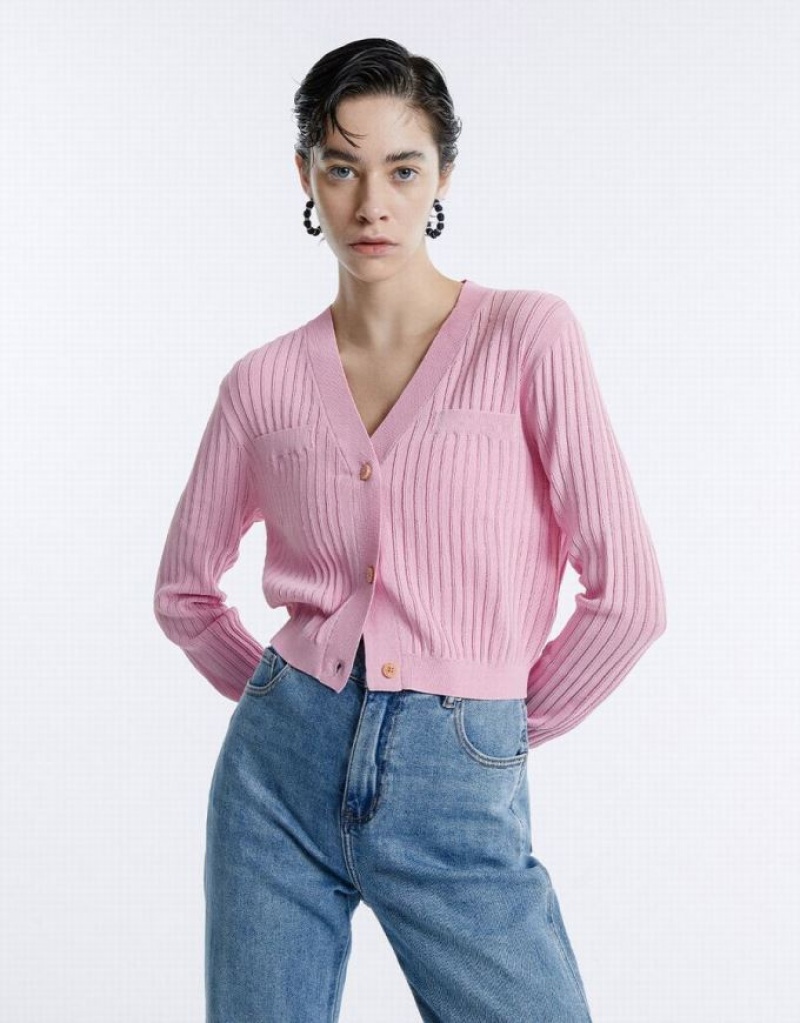 Pink Urban Revivo Rib Knit Cropped Women's Cardigan | RCWVUD-289