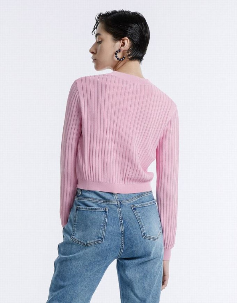 Pink Urban Revivo Rib Knit Cropped Women's Cardigan | RCWVUD-289