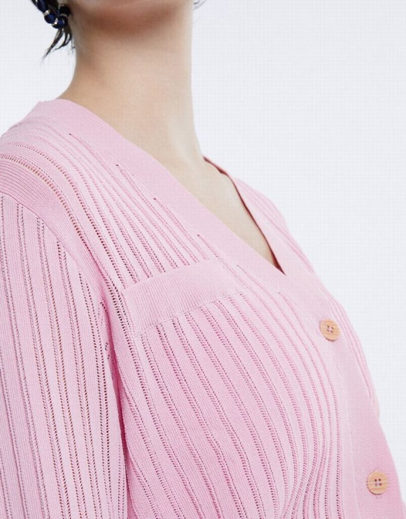 Pink Urban Revivo Rib Knit Cropped Women's Cardigan | RCWVUD-289