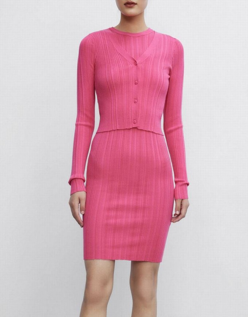 Pink Urban Revivo Ribbed Slinky Bodycon Women's Knitted Dress | JVDKLM-095