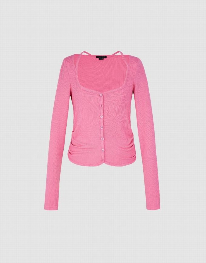 Pink Urban Revivo Ruched Crew Neck Knitted Top Women's Shirts | MQYKCZ-340