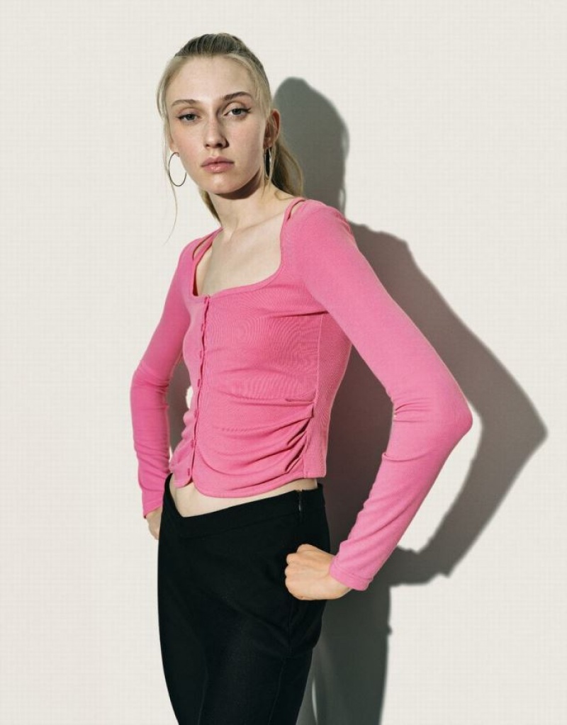 Pink Urban Revivo Ruched Crew Neck Knitted Top Women's Shirts | MQYKCZ-340