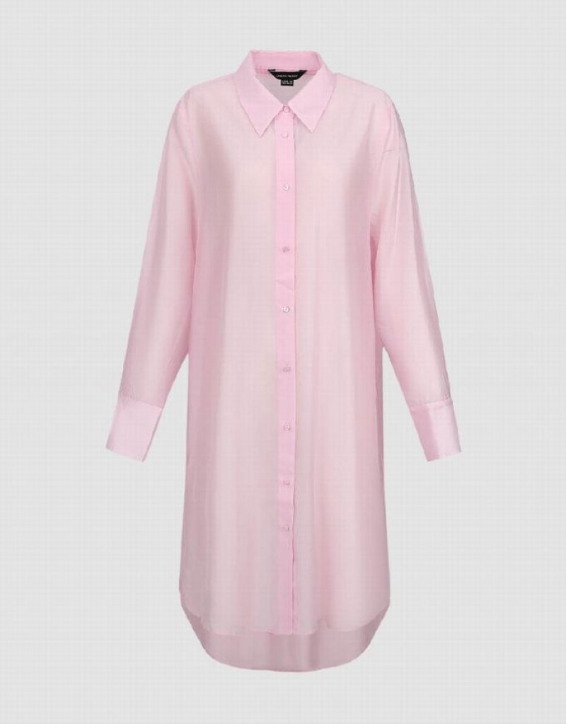 Pink Urban Revivo Sheer Long Straight Women's Shirts | EILQGP-608