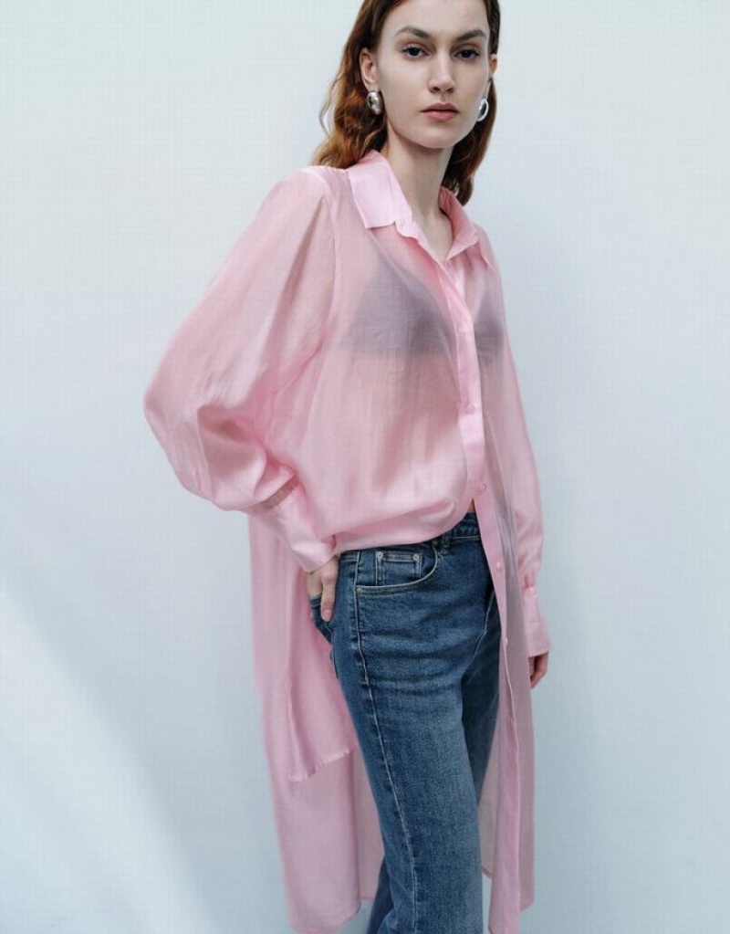 Pink Urban Revivo Sheer Long Straight Women's Shirts | EILQGP-608