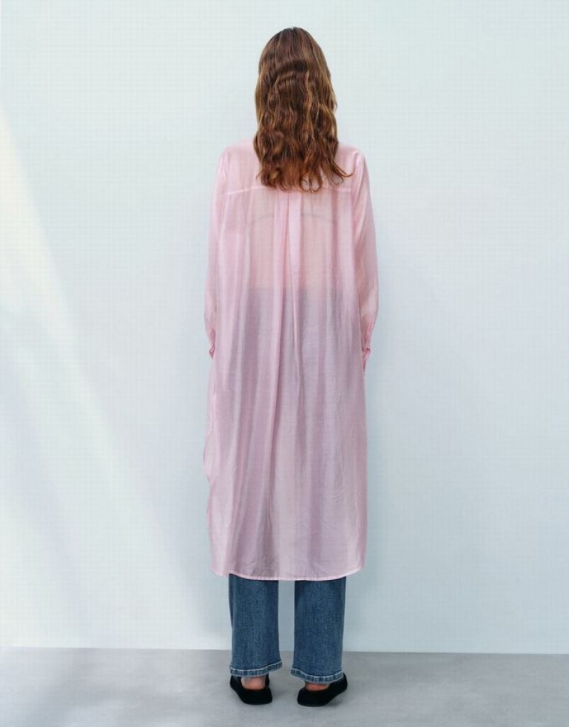 Pink Urban Revivo Sheer Long Straight Women's Shirts | EILQGP-608