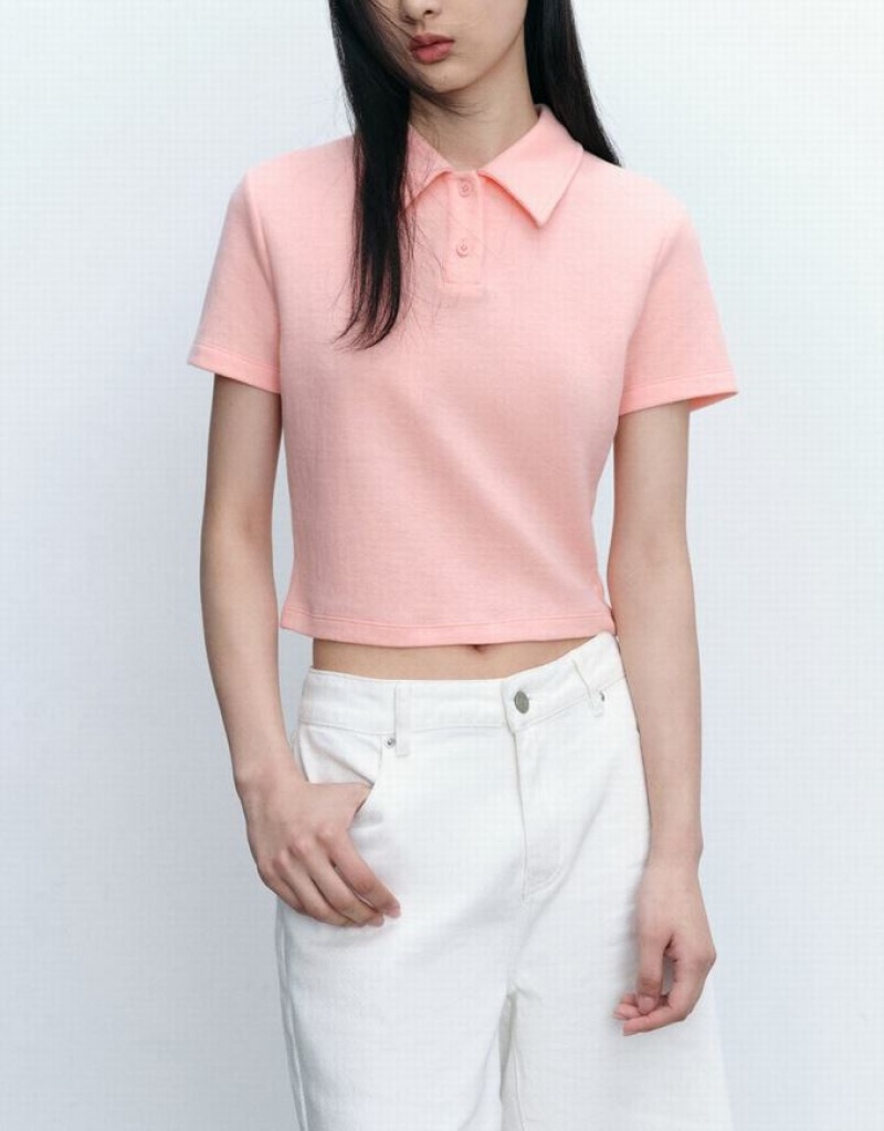 Pink Urban Revivo Standard Sleeve Straight Women's Polo Shirts | BVFOIM-607