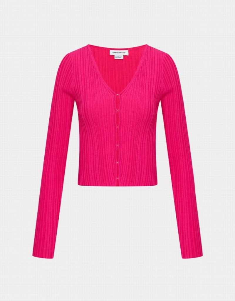 Pink Urban Revivo Textured Rib Knit Women\'s Cardigan | LXYZKJ-846