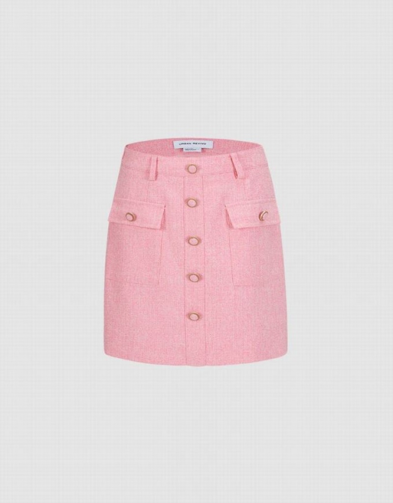 Pink Urban Revivo Textured With Buttons Women\'s Skirts | BAGJCT-806