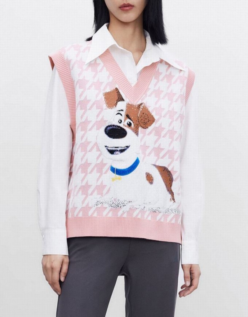 Pink Urban Revivo The Secret Life Of Pets Houndstooth Women's Sweater Vest | QILJFT-804