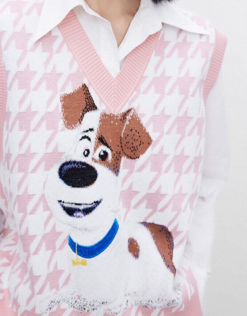 Pink Urban Revivo The Secret Life Of Pets Houndstooth Women's Sweater Vest | QILJFT-804