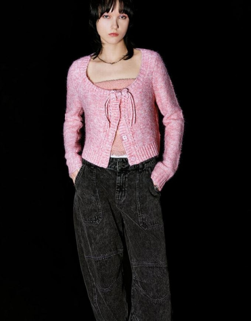 Pink Urban Revivo Tie Front Crew Neck Knitted Women's Cardigan | CSKNIG-574