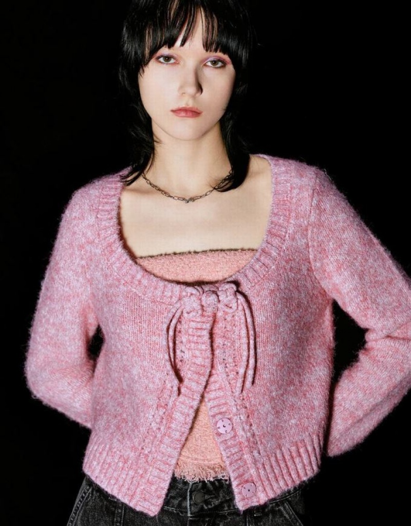 Pink Urban Revivo Tie Front Crew Neck Knitted Women's Cardigan | CSKNIG-574