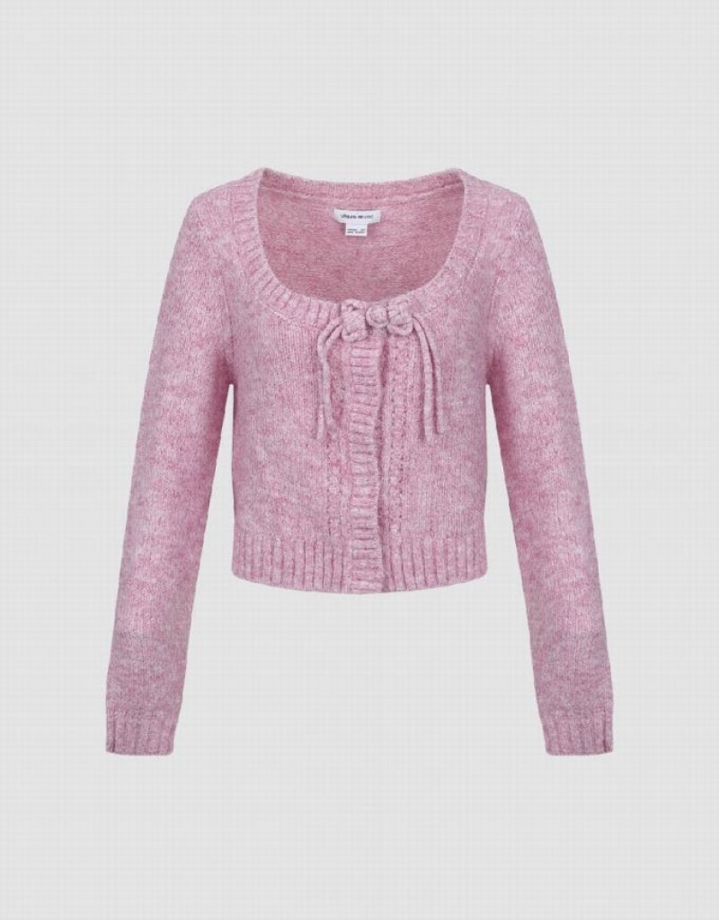 Pink Urban Revivo Tie Front Crew Neck Knitted Women\'s Cardigan | CSKNIG-574