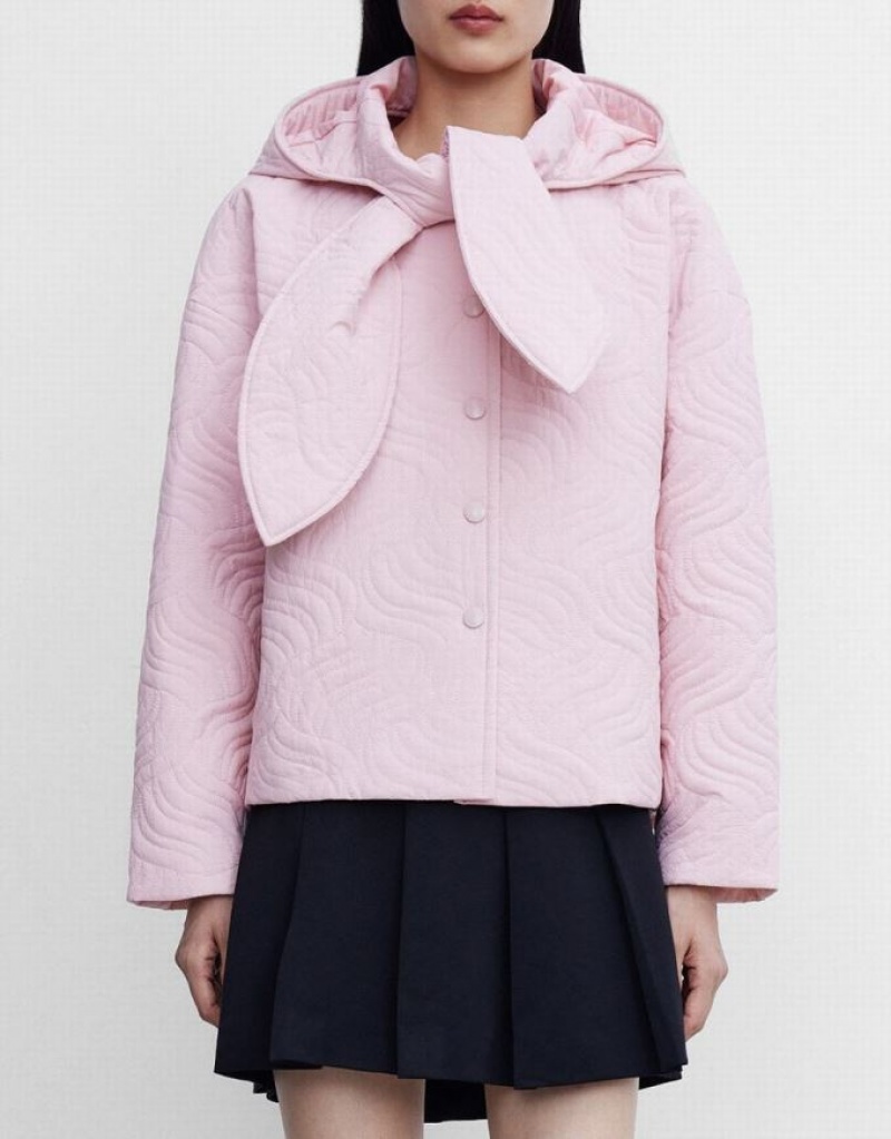 Pink Urban Revivo Tie Front Hooded Textured Winter Women's Coats | SIWKGJ-601