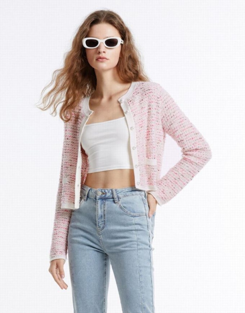 Pink Urban Revivo Tweed Women's Cardigan | VAROMH-307