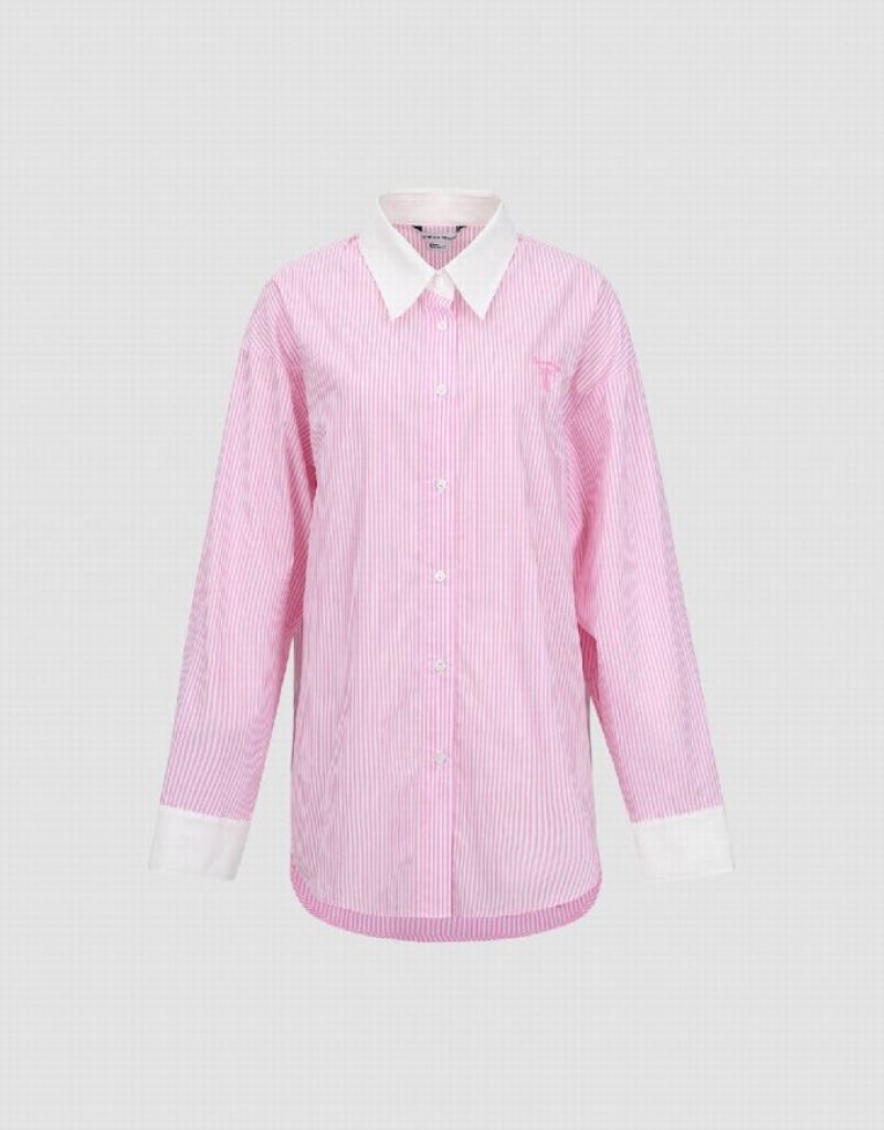 Pink Urban Revivo Two Toned Striped Straight Women's Shirts | HUWMEG-167