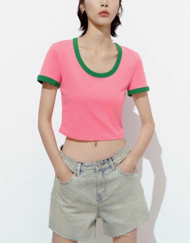 Pink Urban Revivo U Neck Skinny Women's T-Shirts | KSYBNE-814