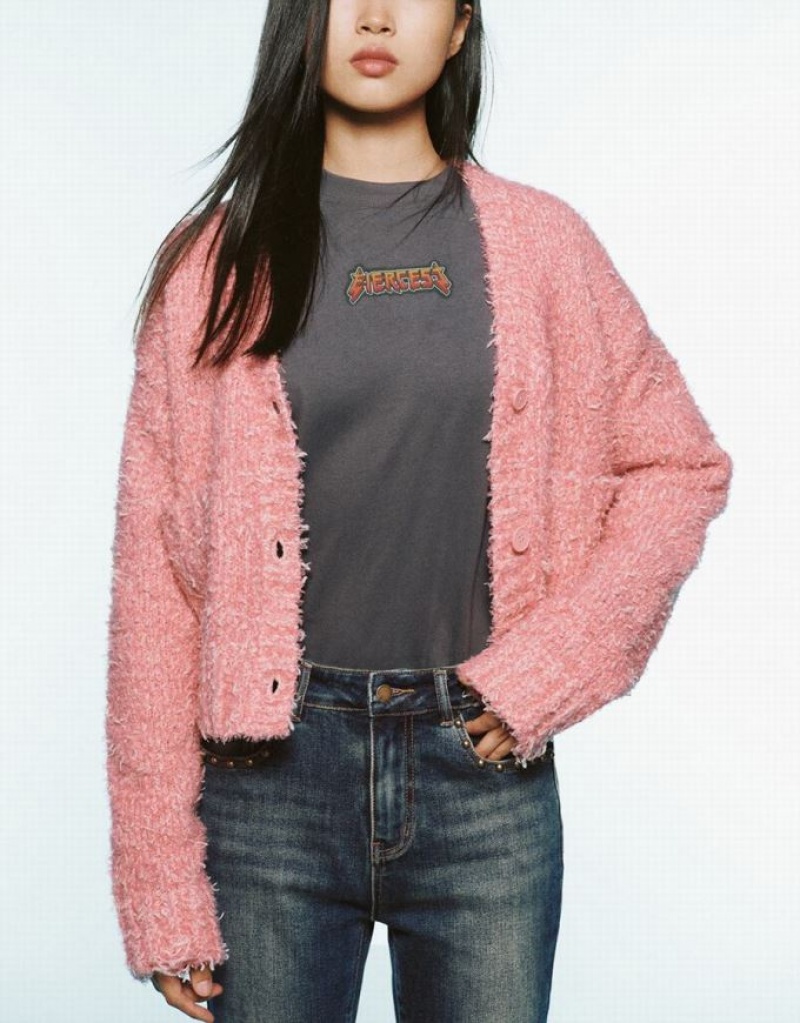 Pink Urban Revivo V-Neck Knitted Women's Cardigan | BVZFGC-489