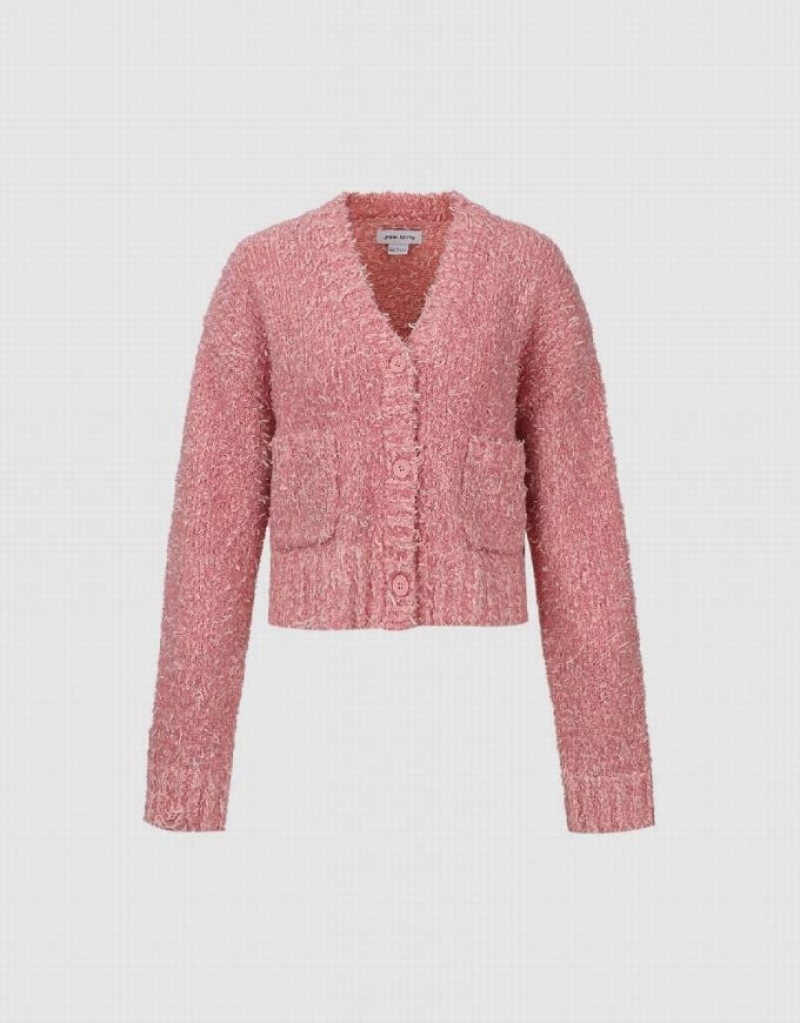 Pink Urban Revivo V-Neck Knitted Women\'s Cardigan | BVZFGC-489