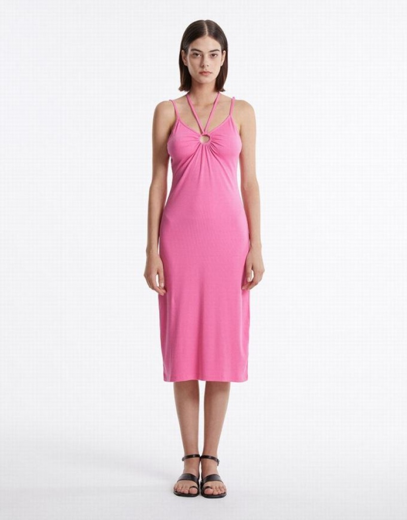 Pink Urban Revivo With Ring Detail Women's Knitted Dress | UXAWHM-829