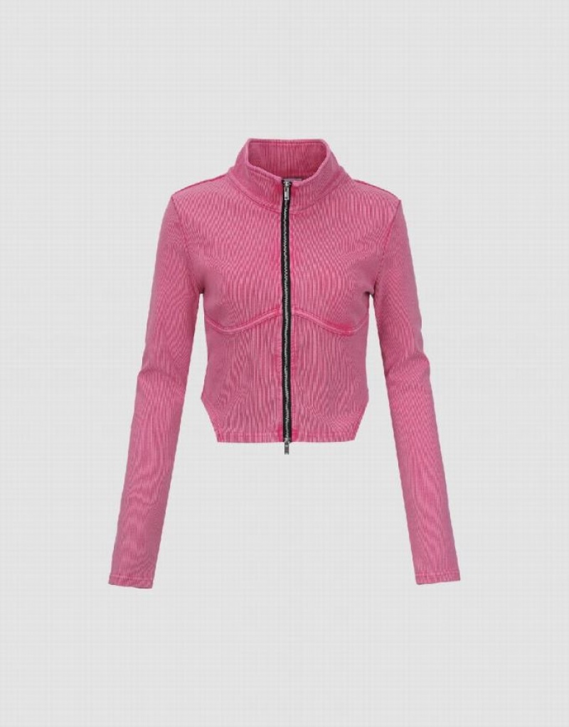 Pink Urban Revivo Zipper Front Stand Collar Skinny Women's Shirts | YIRVAK-452