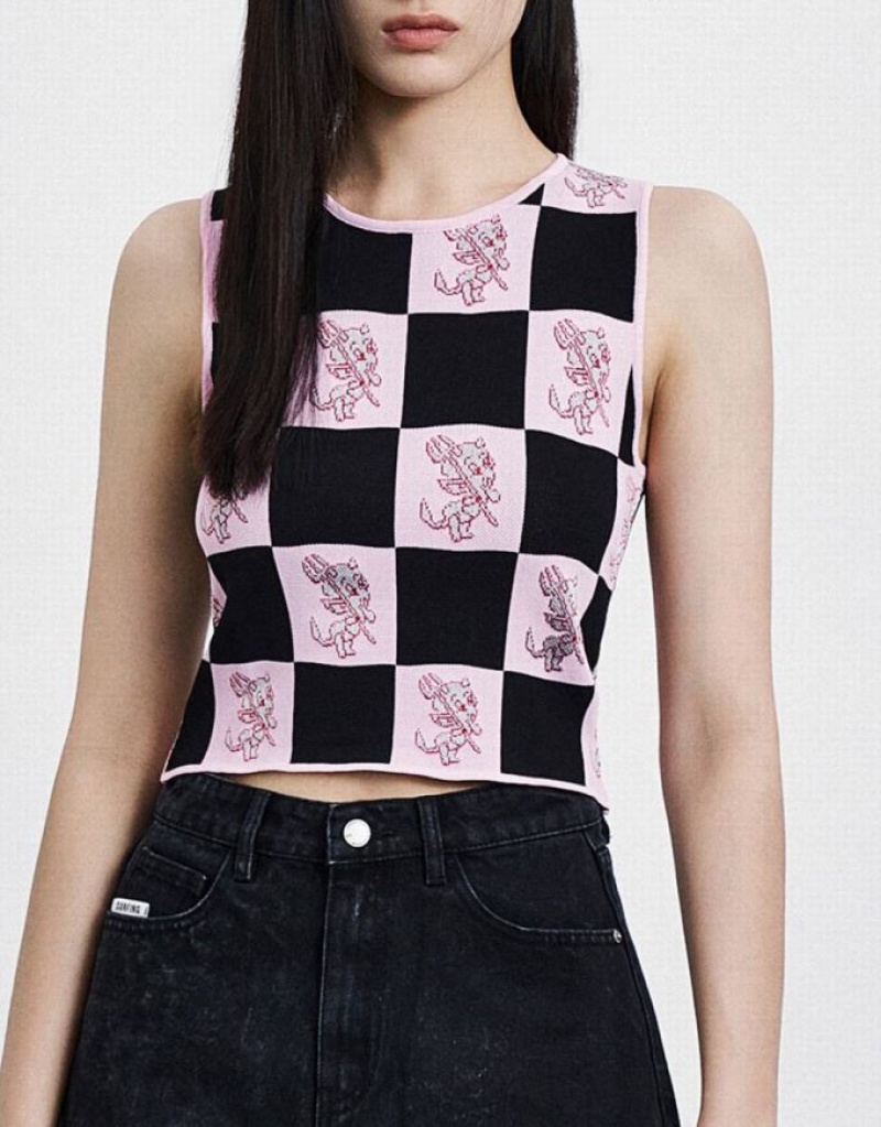 Pink / Black Urban Revivo Hot Stuff Checkered Knitted Women's Tank Top | ESOTIN-413