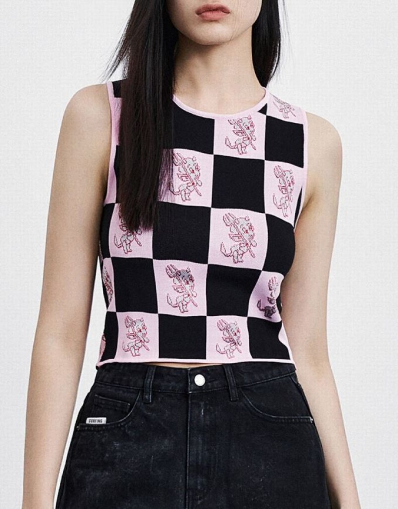 Pink / Black Urban Revivo Hot Stuff Checkered Knitted Women\'s Tank Top | ESOTIN-413