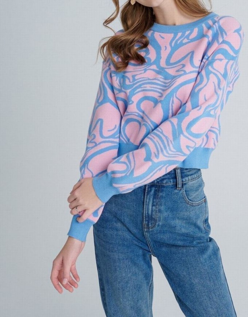 Pink / Blue Urban Revivo Heart Pattern Jacquard Women's Sweaters | PLAKNM-538