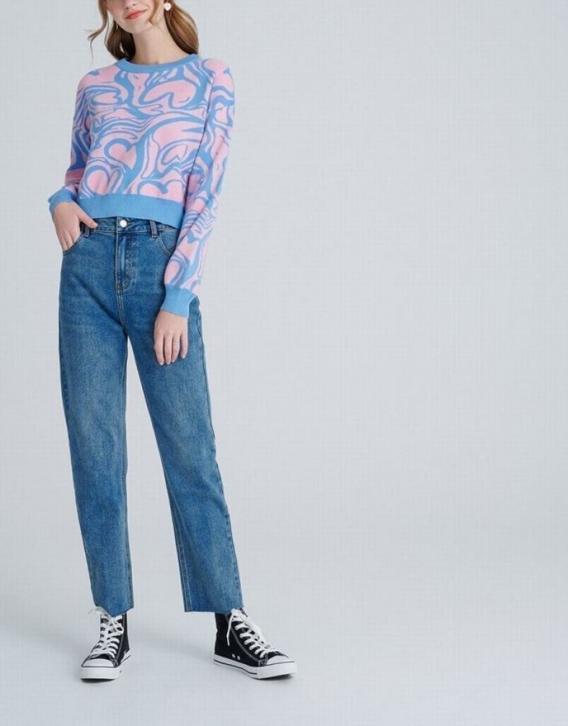 Pink / Blue Urban Revivo Heart Pattern Jacquard Women's Sweaters | PLAKNM-538