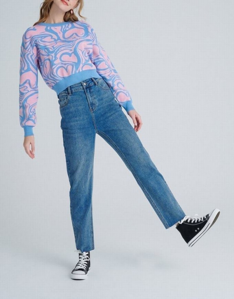 Pink / Blue Urban Revivo Heart Pattern Jacquard Women's Sweaters | PLAKNM-538