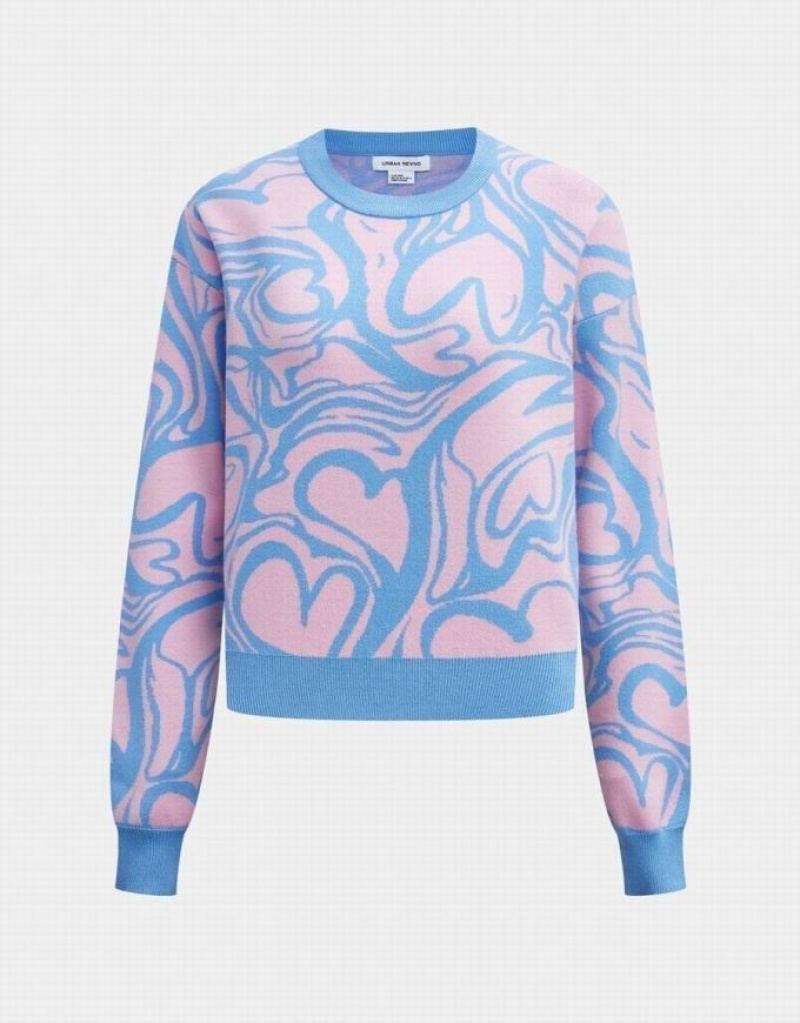 Pink / Blue Urban Revivo Heart Pattern Jacquard Women\'s Sweaters | PLAKNM-538