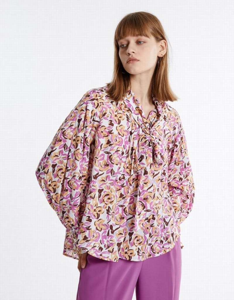 Purple Urban Revivo Bow Detail Floral Women's Blouse | MJKVZD-807