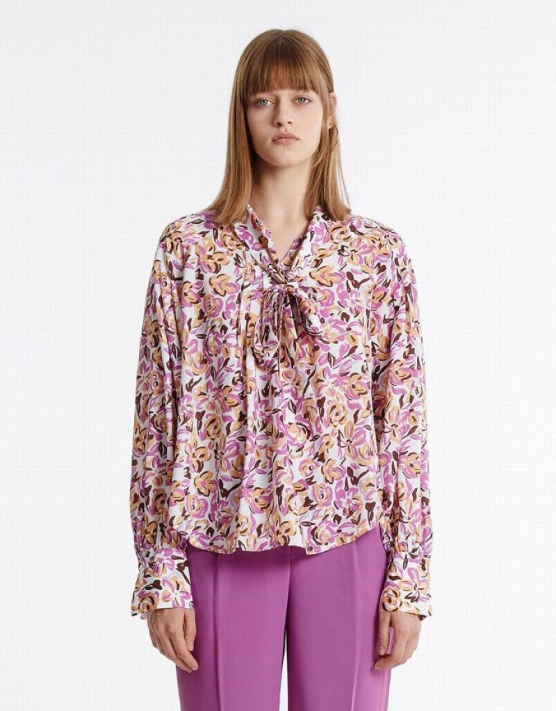 Purple Urban Revivo Bow Detail Floral Women's Blouse | MJKVZD-807