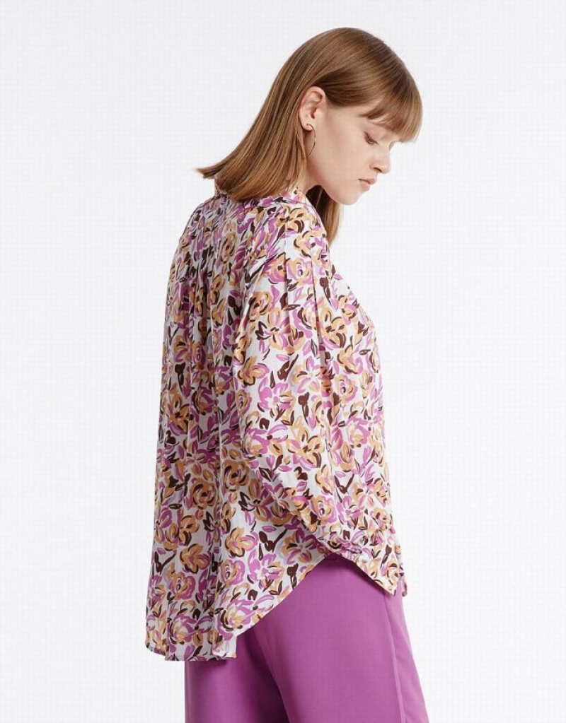 Purple Urban Revivo Bow Detail Floral Women's Blouse | MJKVZD-807