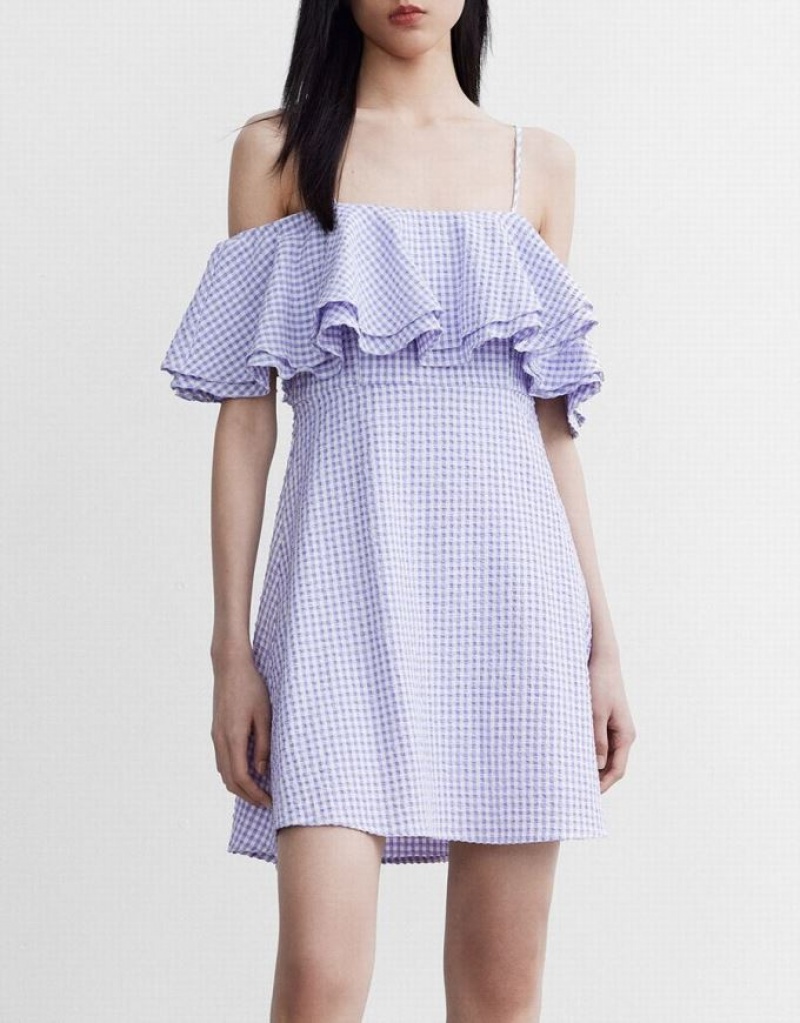 Purple Urban Revivo Checkered Ruffle Cami Women's Dress | VYHGIJ-623