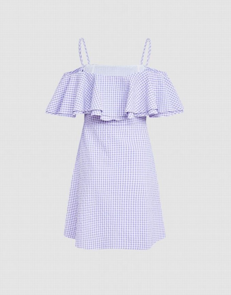 Purple Urban Revivo Checkered Ruffle Cami Women's Dress | VYHGIJ-623