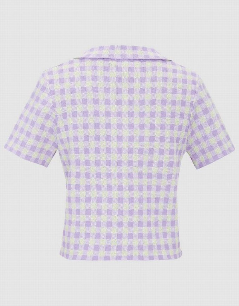 Purple Urban Revivo Checkered Short Sleeve Knitted Top Women's Cardigan | PTBYGE-847