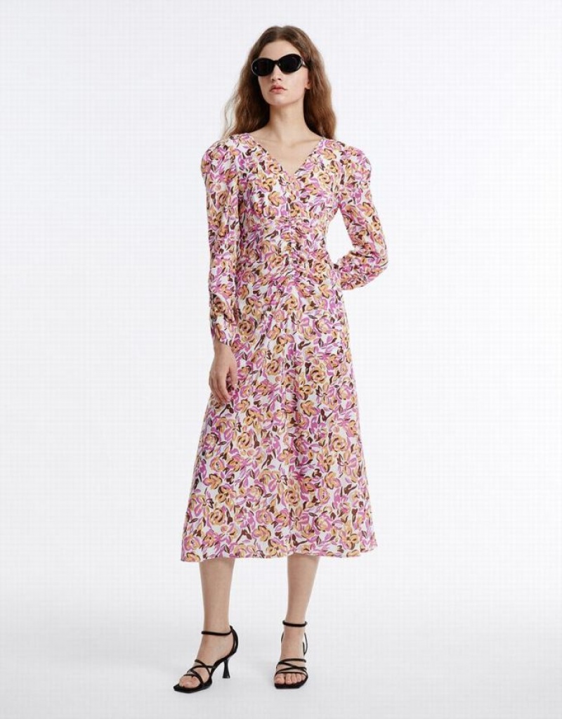 Purple Urban Revivo Floral Chiffon Women's Casual Dress | QEFHJB-802