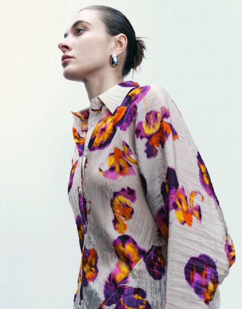 Purple Urban Revivo Flower Printed Button Up Women's Shirts | HVOTAY-230