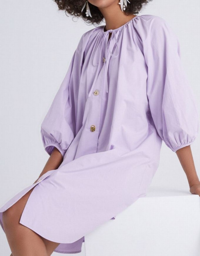 Purple Urban Revivo Knot Front Button Up Crew Neck Women's Casual Dress | BRFOCY-435