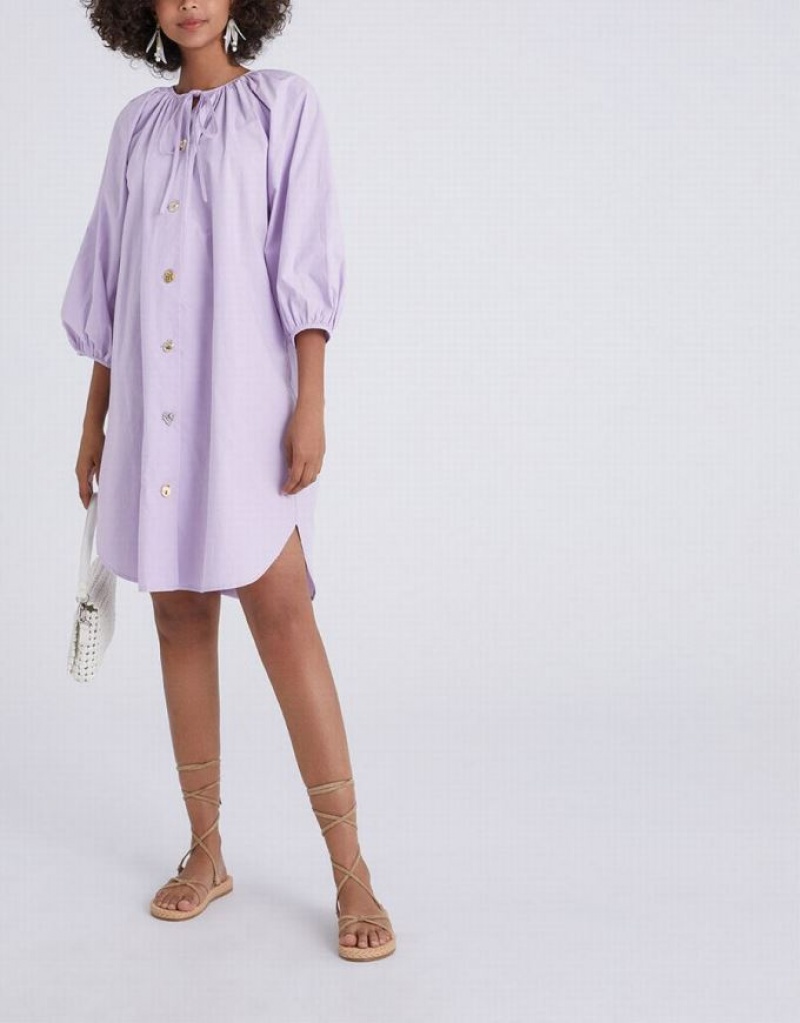 Purple Urban Revivo Knot Front Button Up Crew Neck Women's Casual Dress | BRFOCY-435