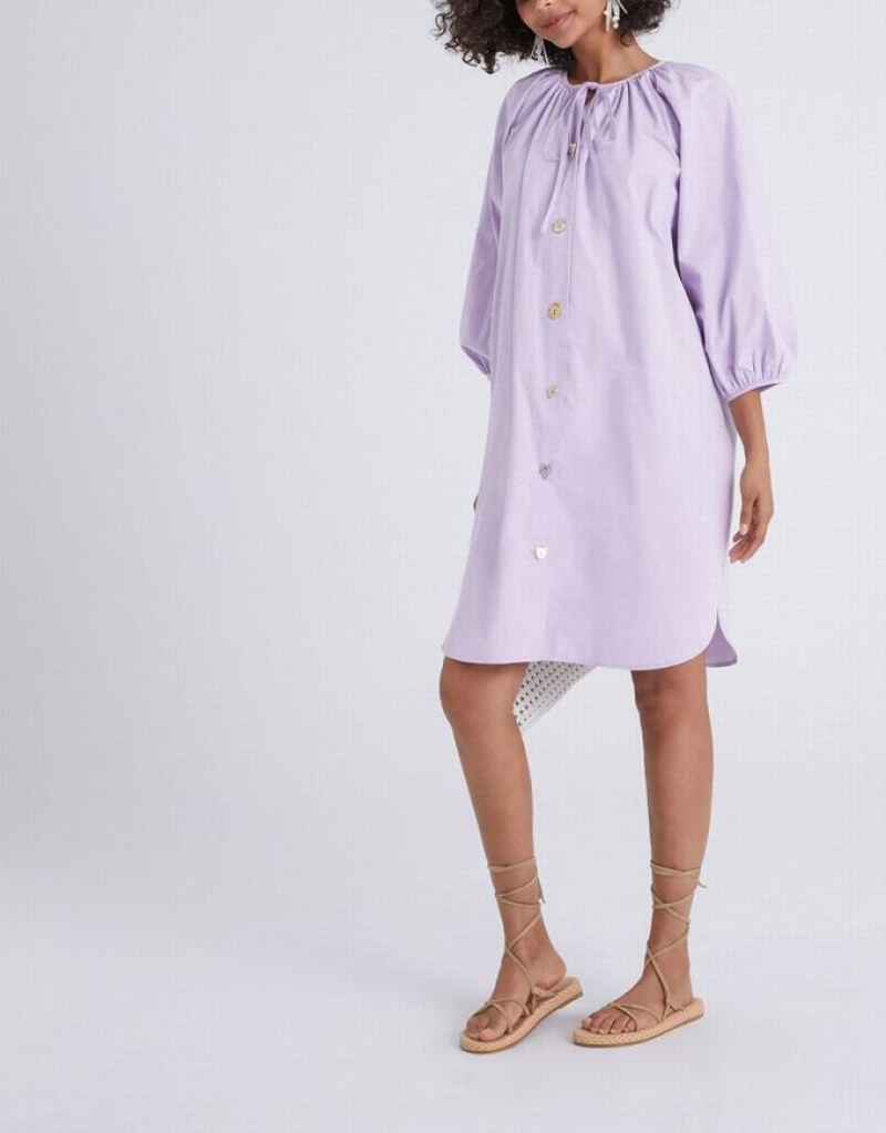 Purple Urban Revivo Knot Front Button Up Crew Neck Women's Casual Dress | BRFOCY-435