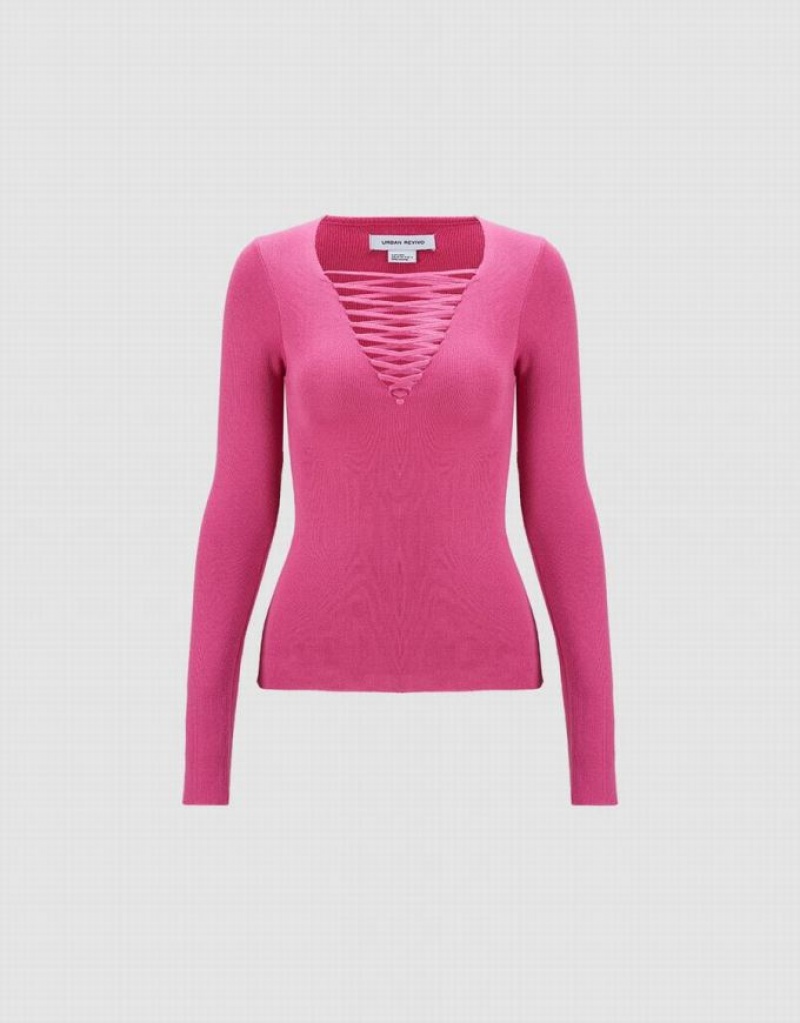 Purple Urban Revivo Lace Up Front Women's Sweaters | KDPZHL-710