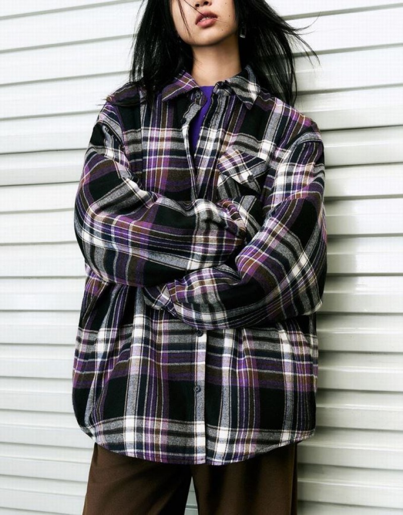 Purple Urban Revivo Plaid Straight Women's Shirts | LTIYFX-807