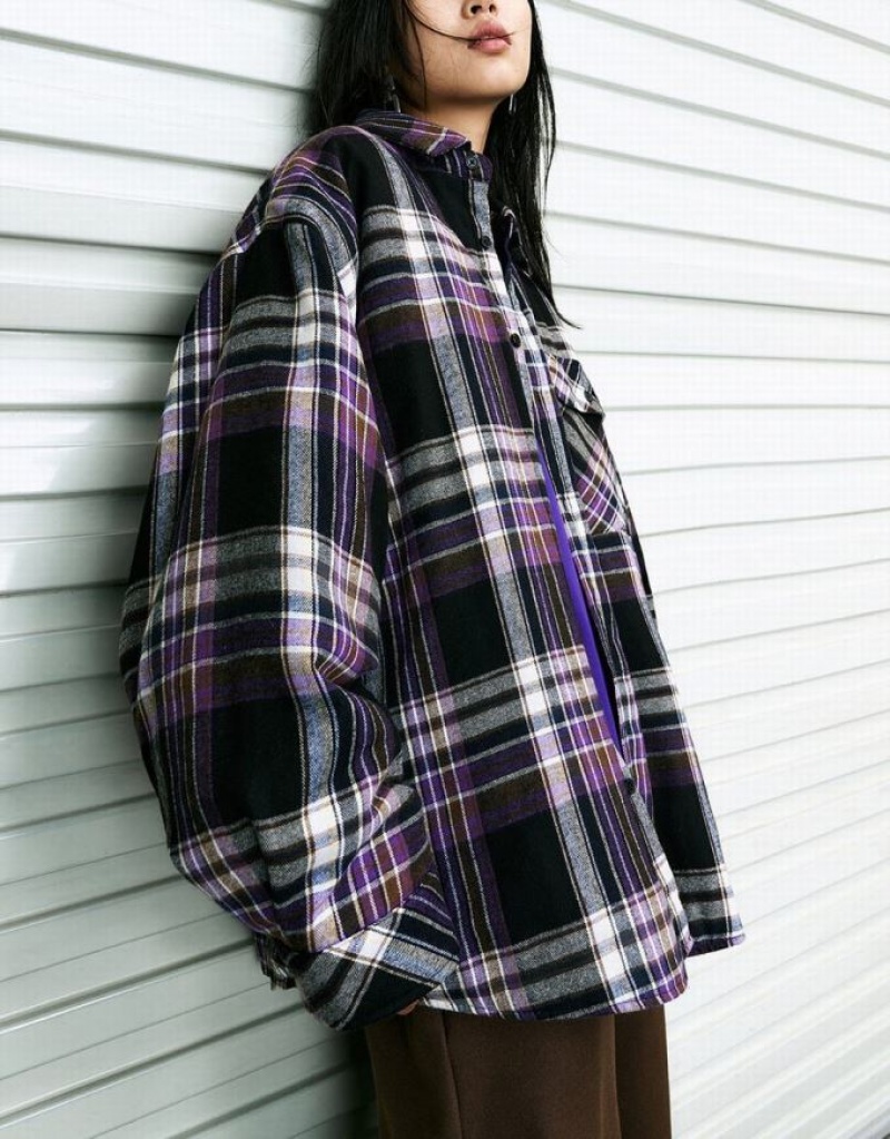 Purple Urban Revivo Plaid Straight Women's Shirts | LTIYFX-807