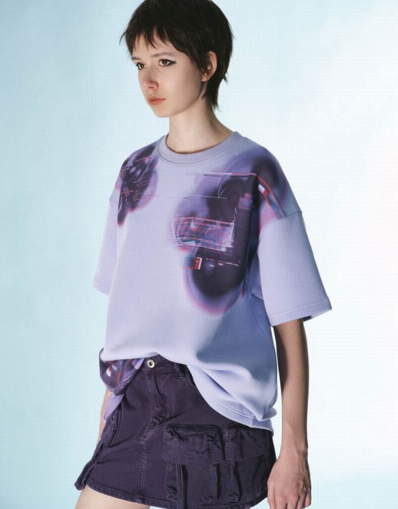 Purple Urban Revivo Printed Crew Neck Loose Women's T-Shirts | RGDLIK-659